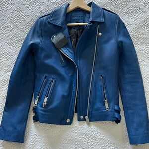 Belle Vere cobalt blue leather jacket.